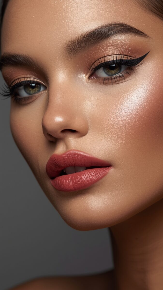 Close-up portrait of woman with glowing skin, winged eyeliner, warm eyeshadow, and matte rose-red lipstick