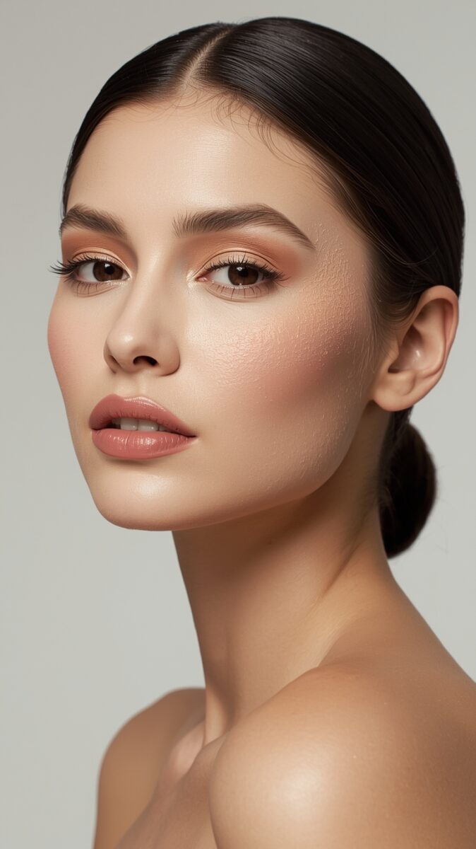 Close-up portrait of a young woman with glowing skin, peach eyeshadow, mauve lips, and dark hair pulled back