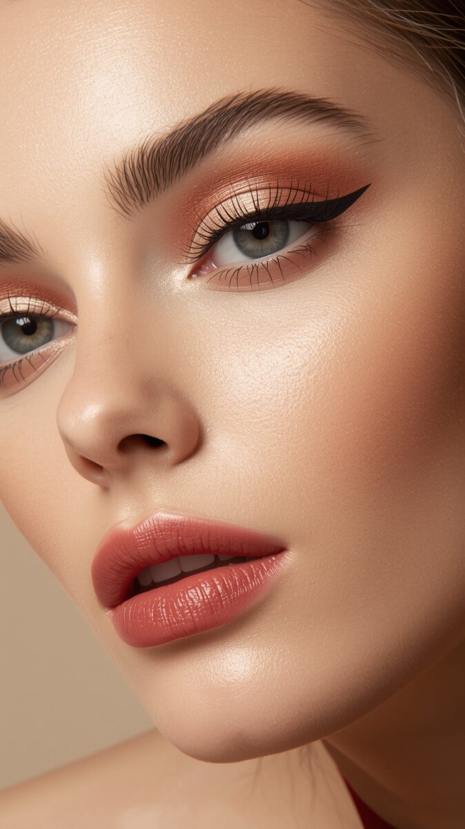 Close-up of a woman wearing warm terracotta eyeshadow, sharp cat-eye liner, rosy lips, and glowing skin