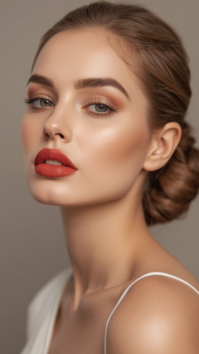 Woman with elegant updo hairstyle wearing red lipstick and warm bronzed eye makeup against neutral background