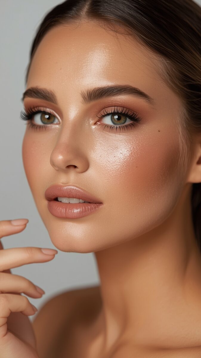 Close-up portrait of a woman with glowing skin, hazel eyes, rosy blush, subtle eye makeup, and glossy nude lips