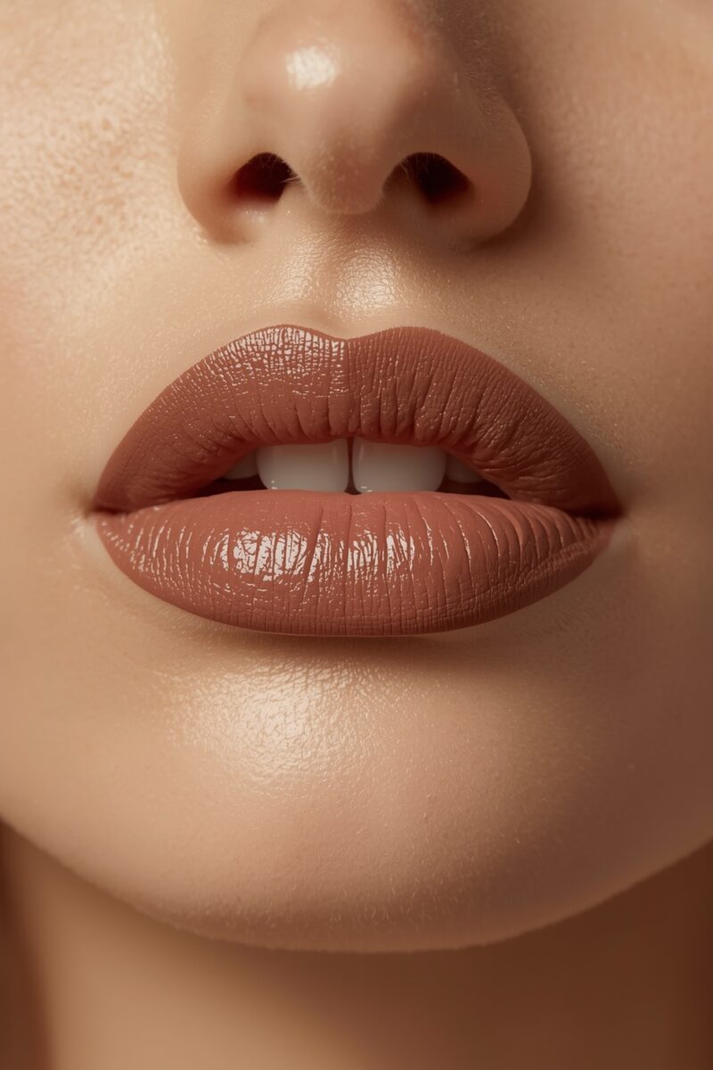 Close-up of full lips wearing warm terracotta nude-brown lipstick with glossy finish against smooth skin