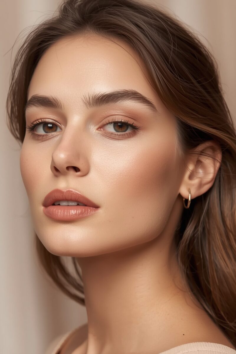 Young woman with brown hair and eyes wearing natural makeup and a gold hoop earring against a beige background