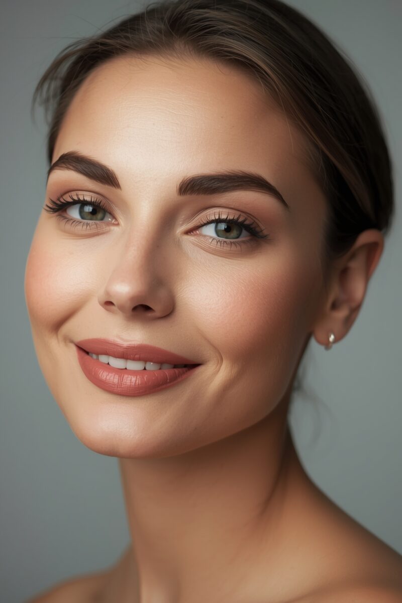 Young woman with green eyes and dark hair smiling softly against a gray background with natural makeup