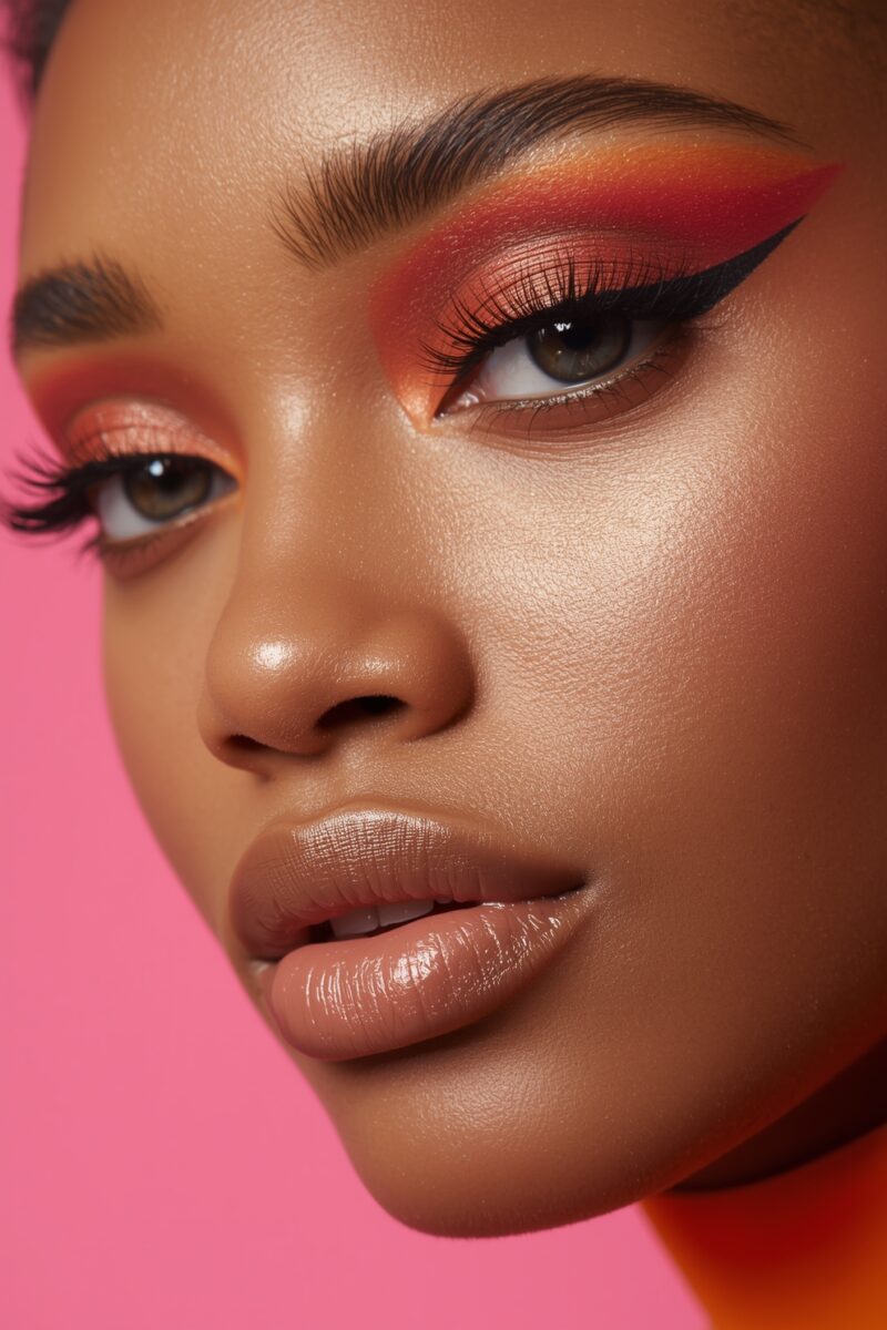 Close-up beauty shot of a woman wearing bold orange-red sunset eyeshadow with sharp cat-eye liner and glossy nude lips
