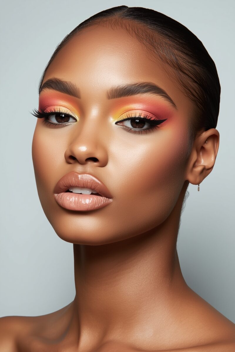 Woman with vibrant sunset-inspired eye makeup featuring orange, red, and yellow eyeshadow with winged liner