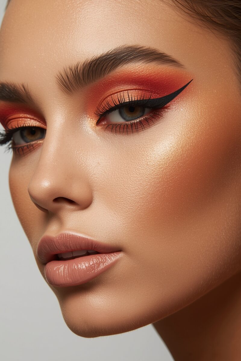 Close-up of woman wearing bold orange-red eyeshadow with dramatic black winged eyeliner and nude glossy lips