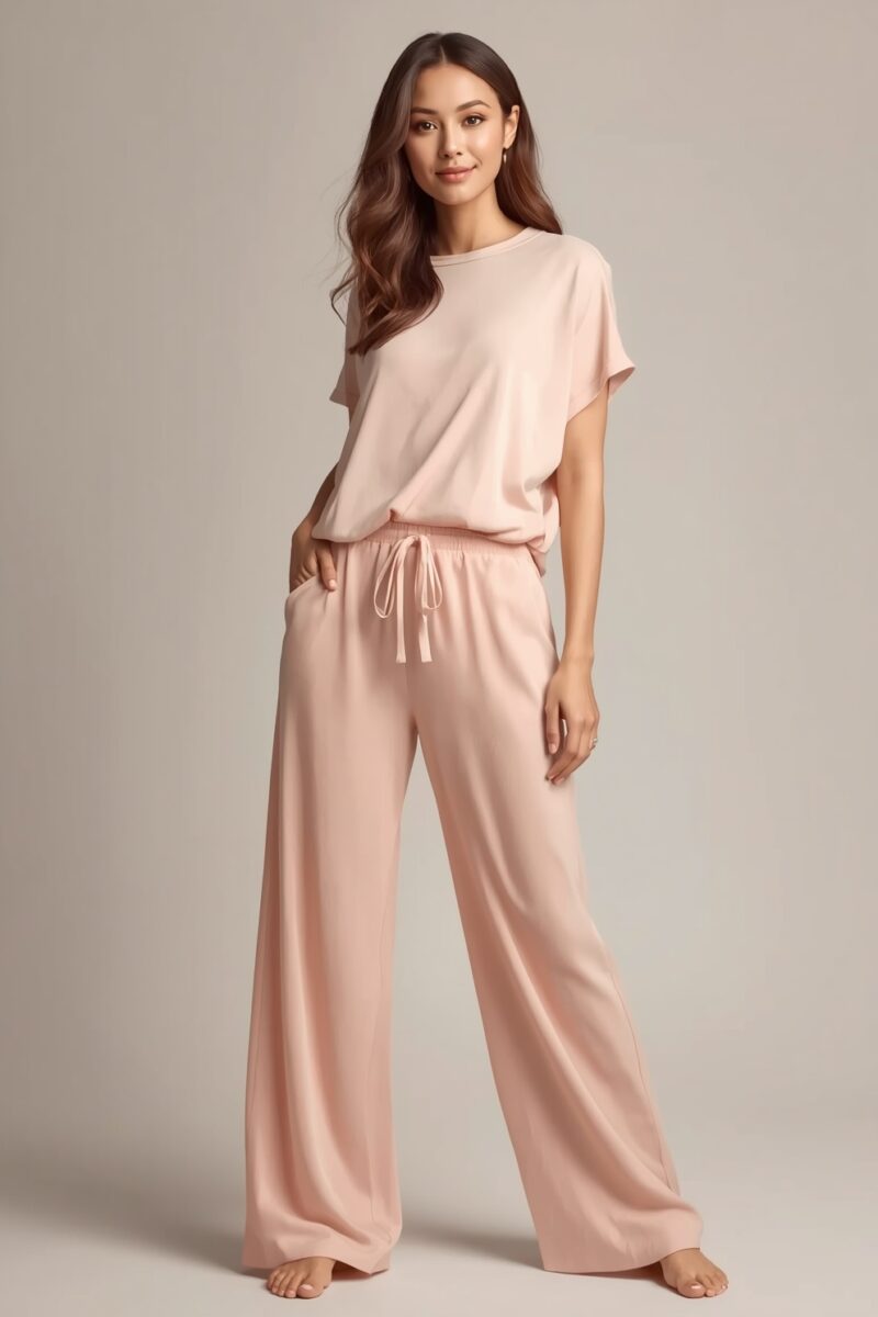 Woman wearing a matching blush pink short-sleeve top and wide-leg drawstring loungewear pants set