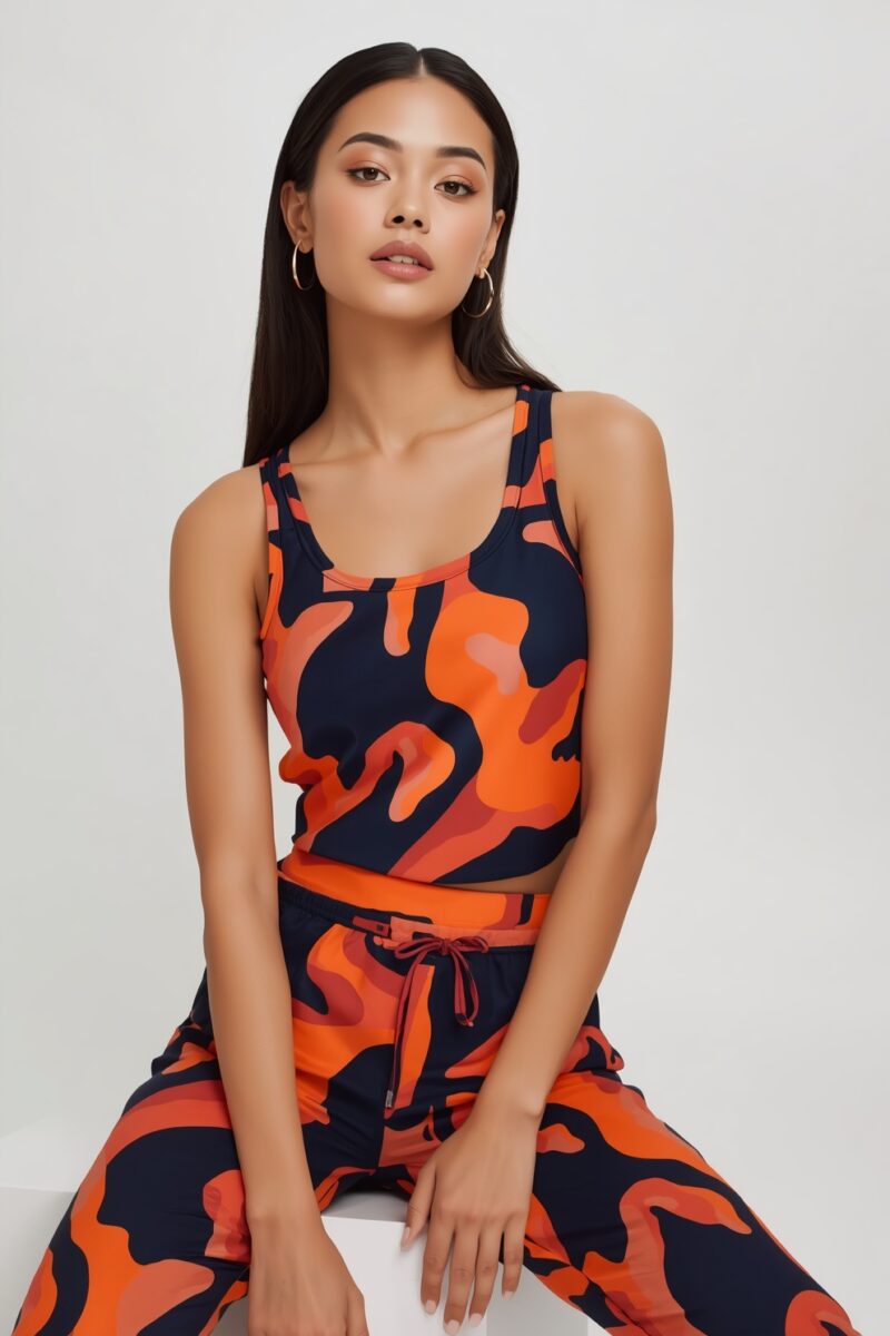 Woman wearing orange and navy blue camouflage print matching crop top and jogger pants set