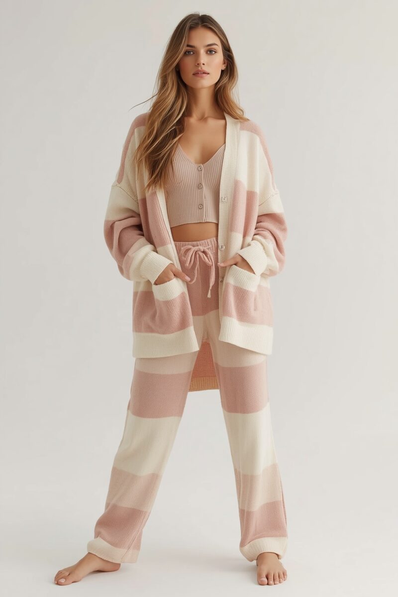 Woman wearing pink and cream striped knit loungewear set with oversized cardigan, wide-leg pants, and ribbed crop top