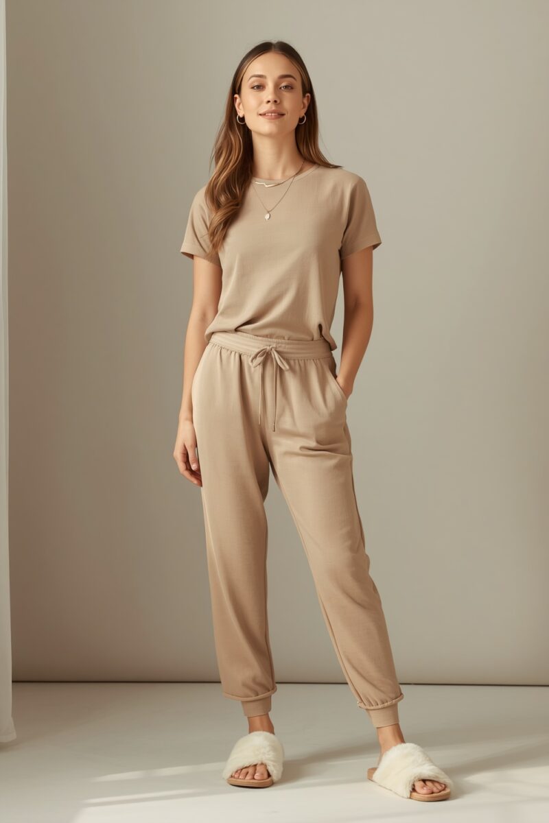 Woman wearing matching beige t-shirt and jogger sweatpants set with fluffy white slippers and gold jewelry