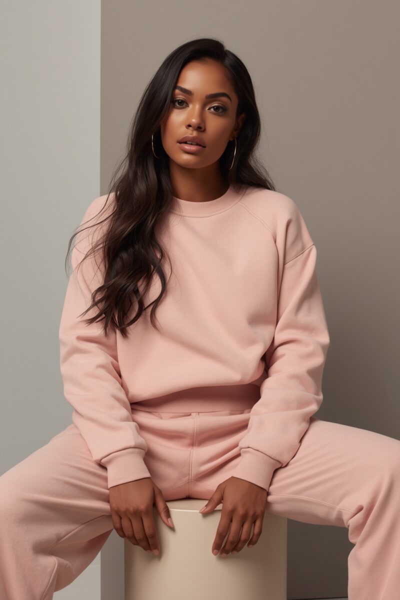 Woman wearing a matching blush pink sweatshirt and jogger set, seated on a white pedestal against a neutral gray background