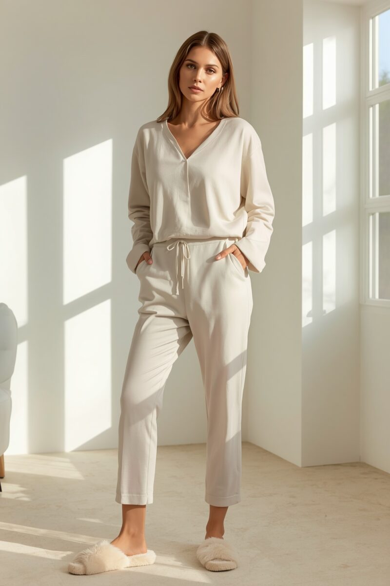 Woman wearing cream V-neck long sleeve top and matching drawstring jogger pants with fluffy slippers
