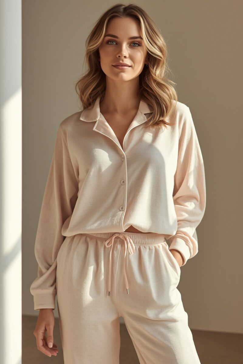 Woman wearing a cream button-up shirt and matching drawstring jogger pants loungewear set