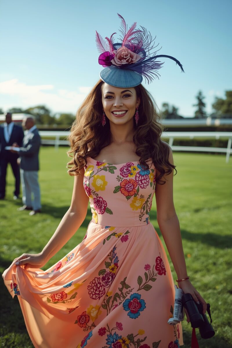 Woman in pink floral maxi dress and decorative fascinator hat smiling at a horse racing event
