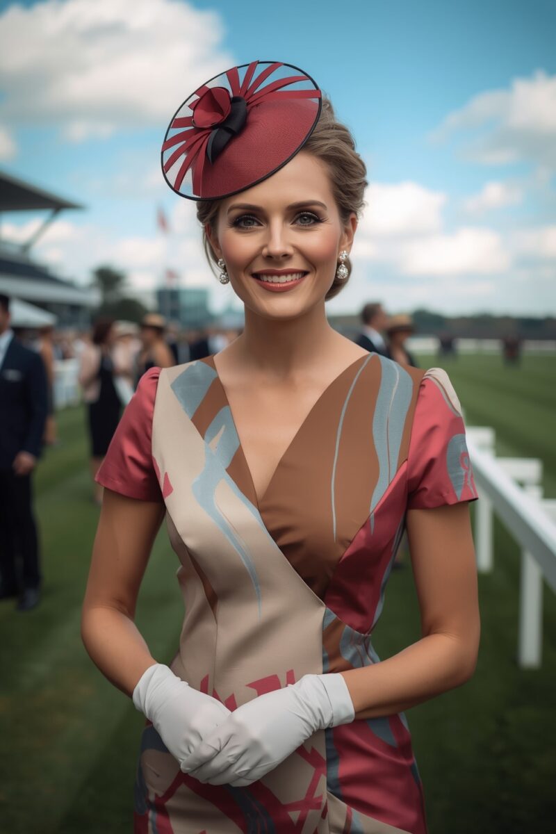 Elegantly dressed woman in patterned dress, red fascinator hat, and white gloves at a horse racing event