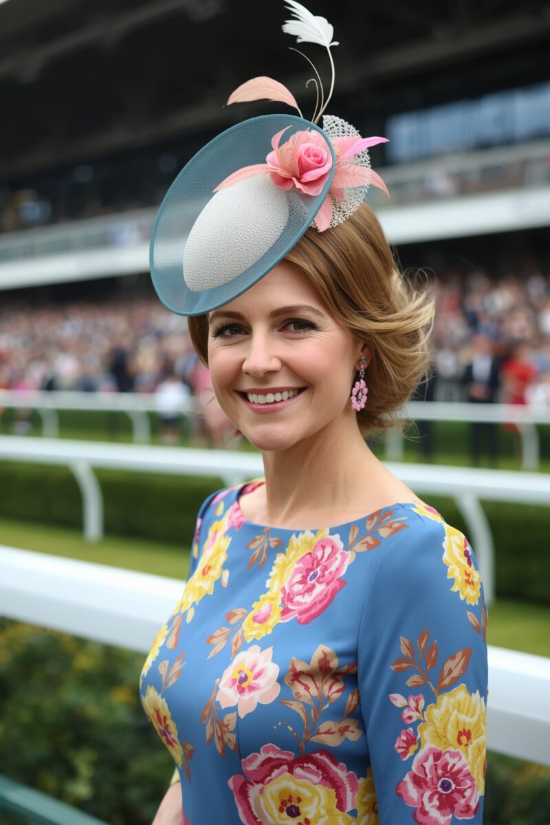 Smiling woman in blue floral dress and teal fascinator hat at a horse racing event