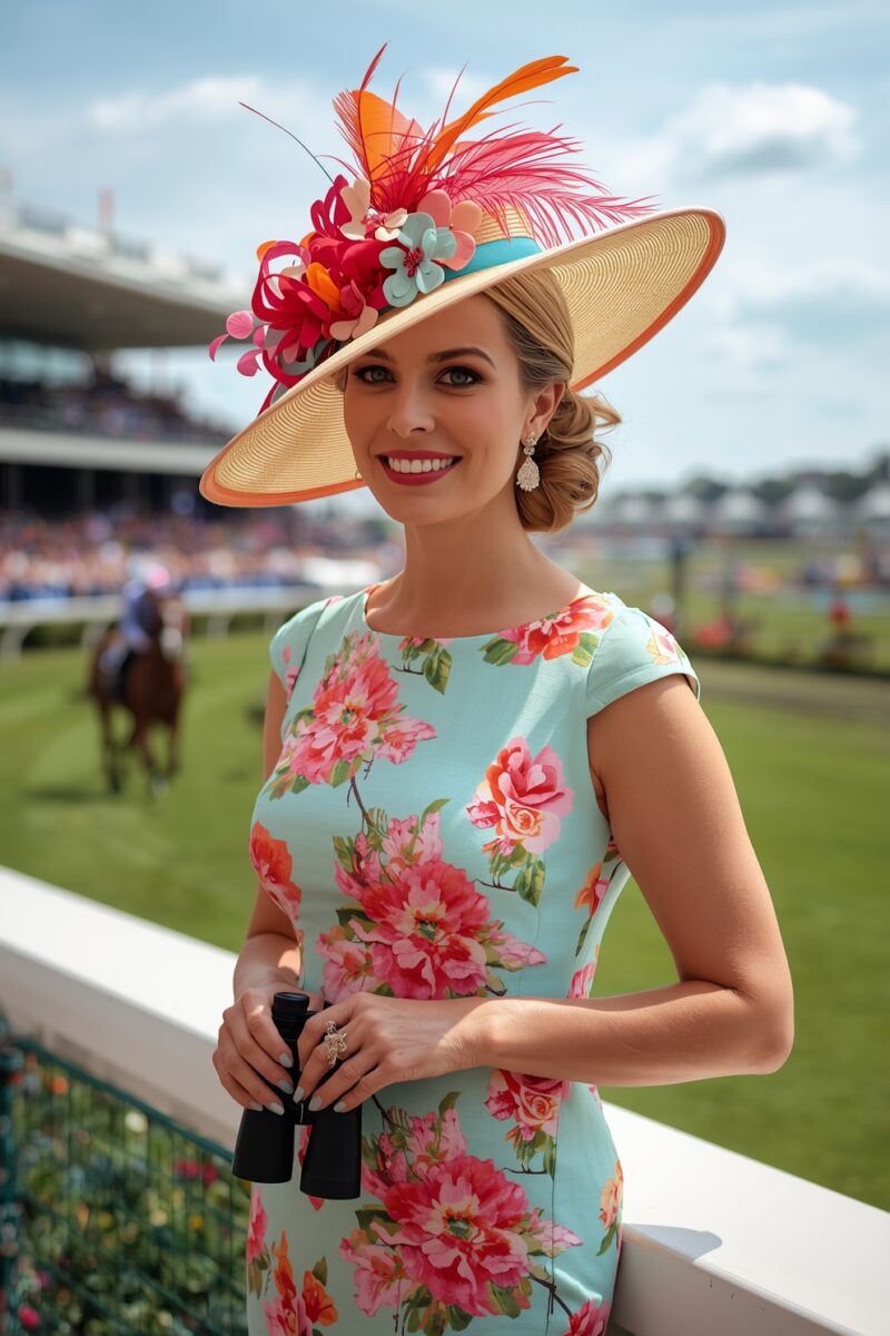 Smiling woman in mint floral dress and decorative wide-brim hat with feathers holding binoculars at horse racing track