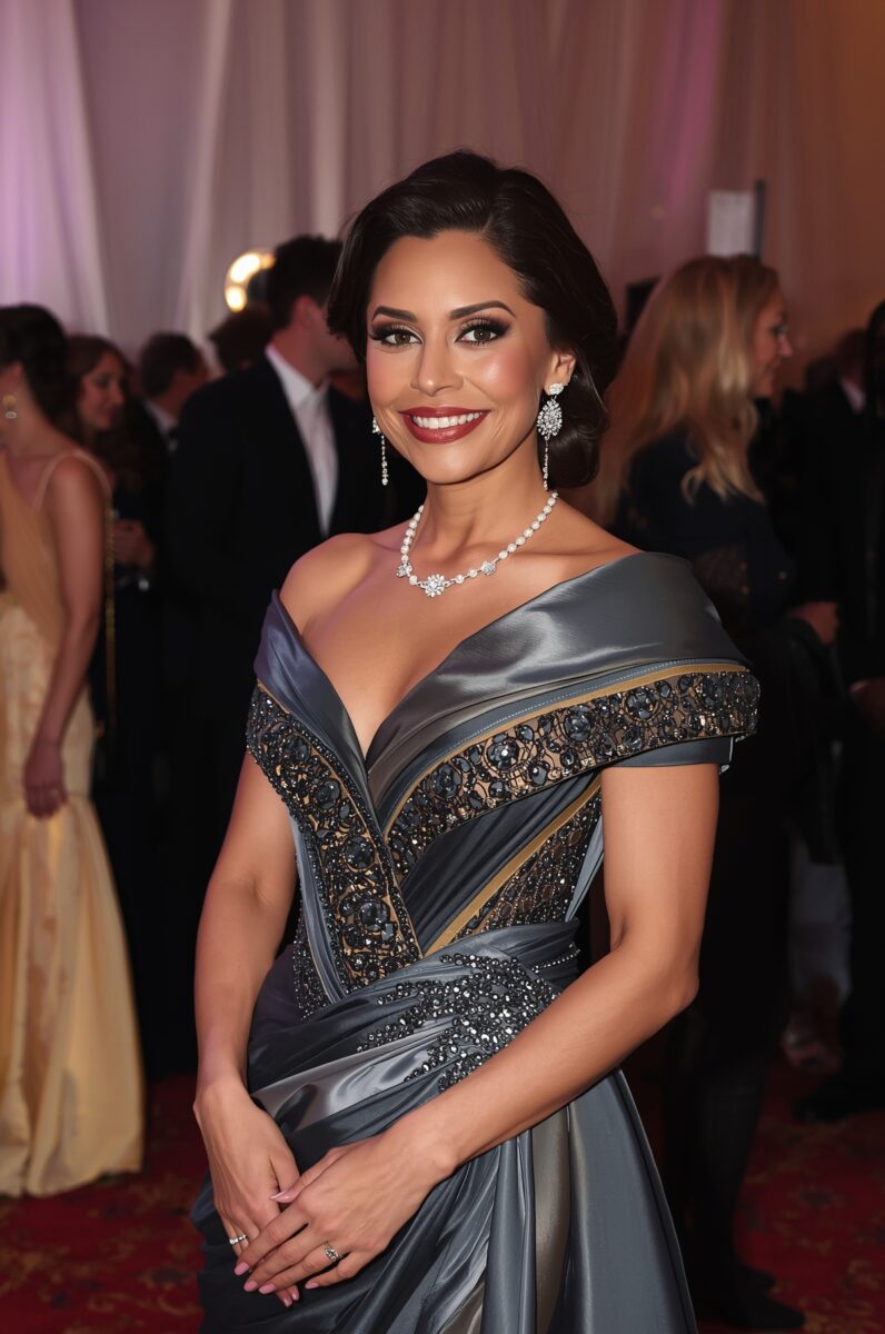 Elegant woman in gray off-shoulder beaded gown with diamond jewelry smiling at formal event