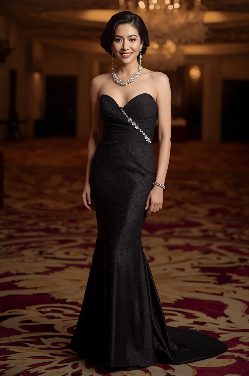 Woman in elegant black strapless mermaid gown with diamond jewelry in a grand ballroom