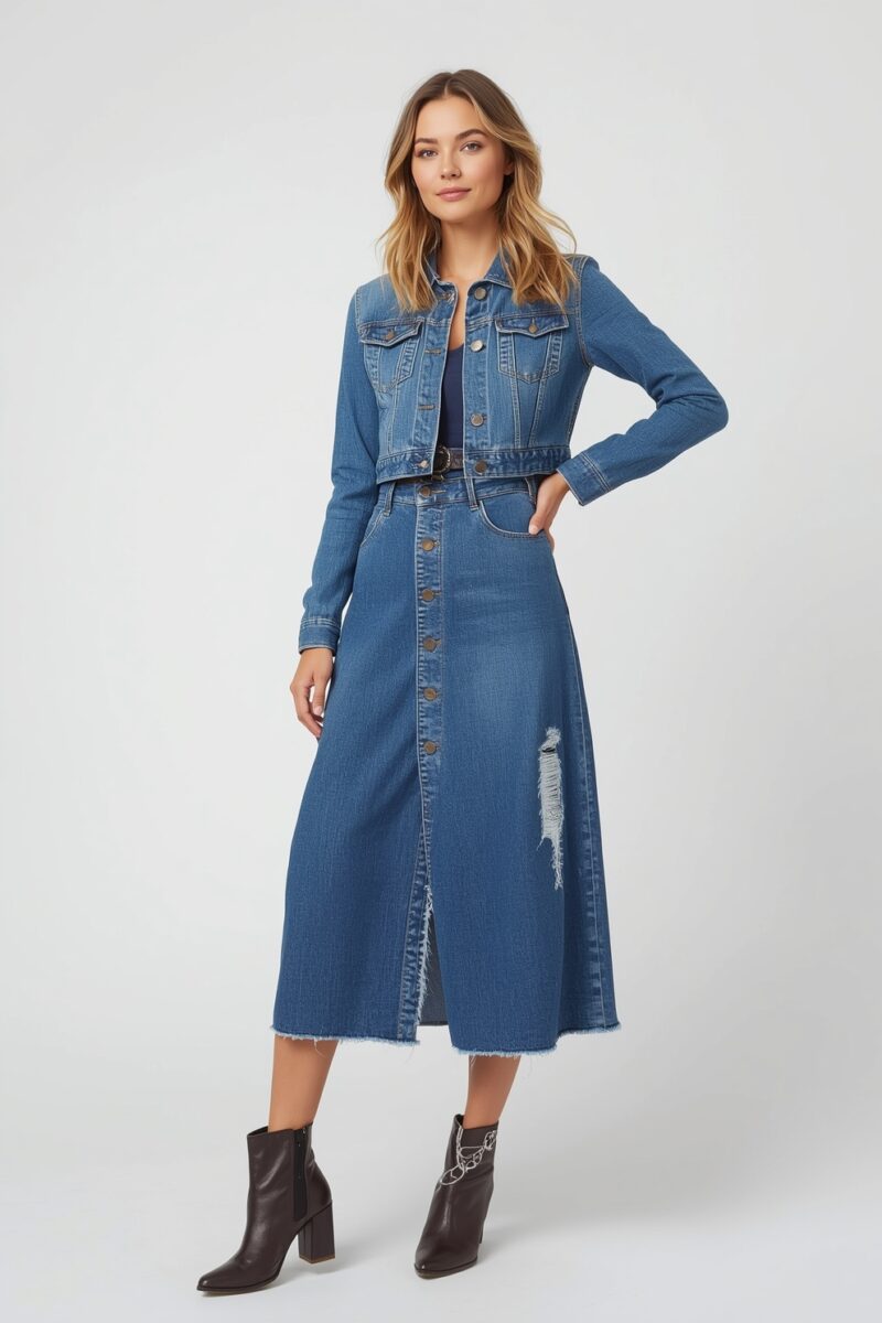 Woman wearing cropped denim jacket and midi button-front distressed denim skirt with brown heeled ankle boots