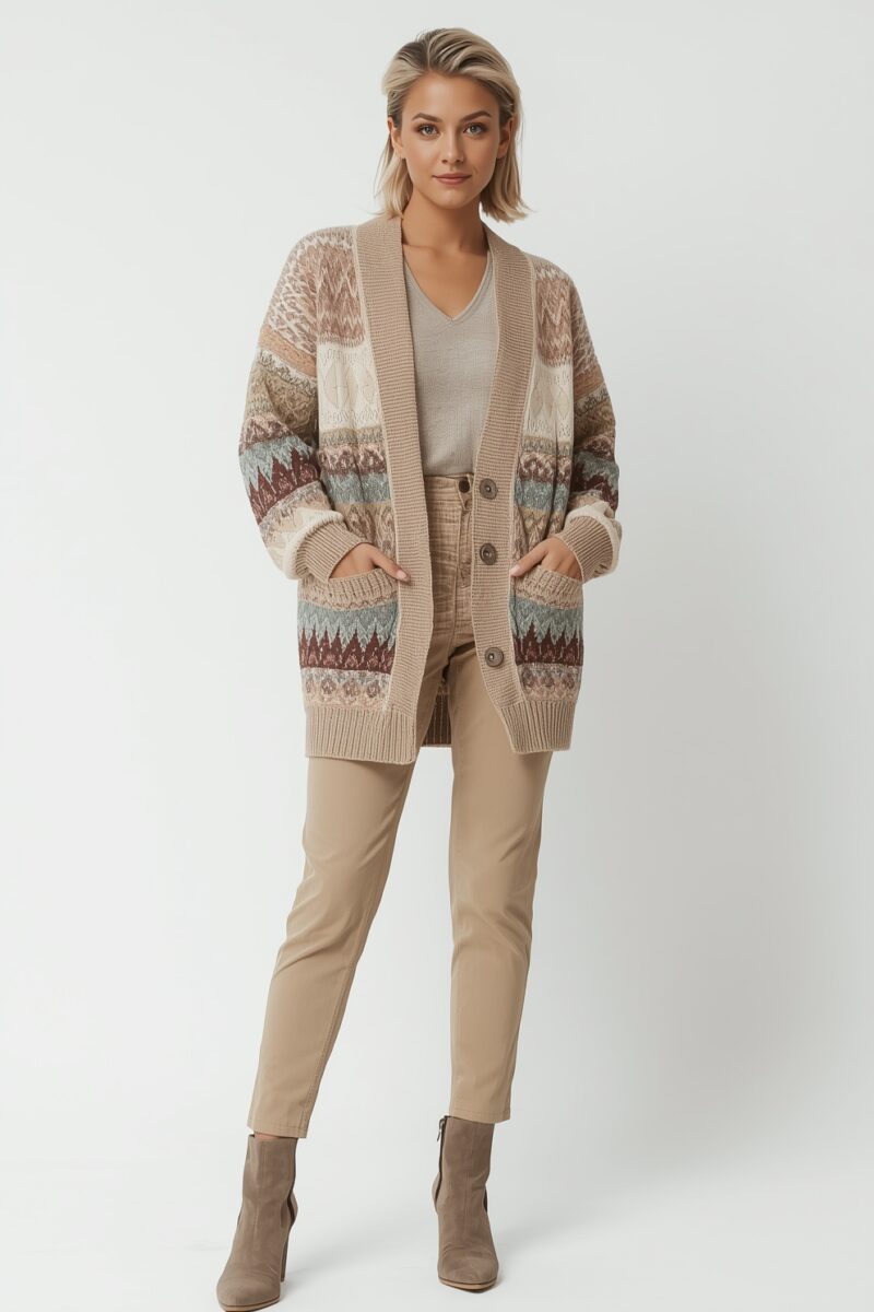 Woman wearing a patterned Fair Isle cardigan, beige pants, gray v-neck tee, and taupe ankle boots