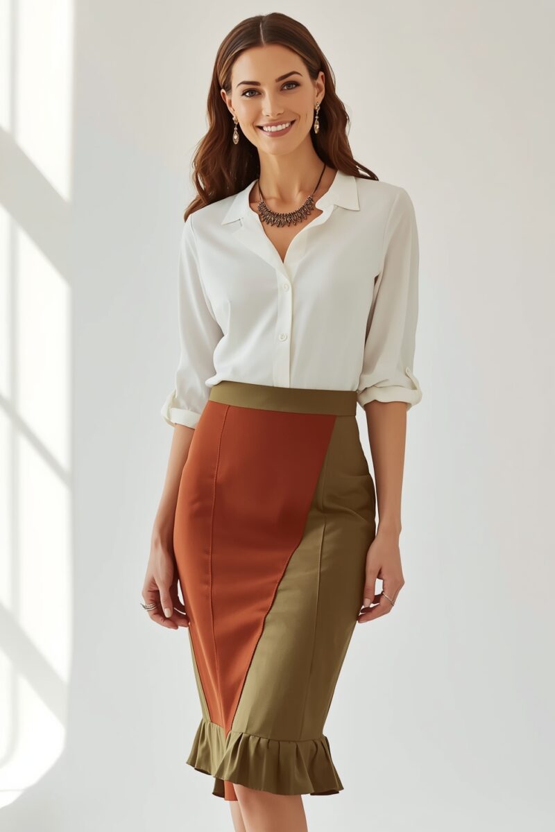 Woman wearing white button-down blouse with color-block olive green and rust orange pencil skirt with ruffle hem