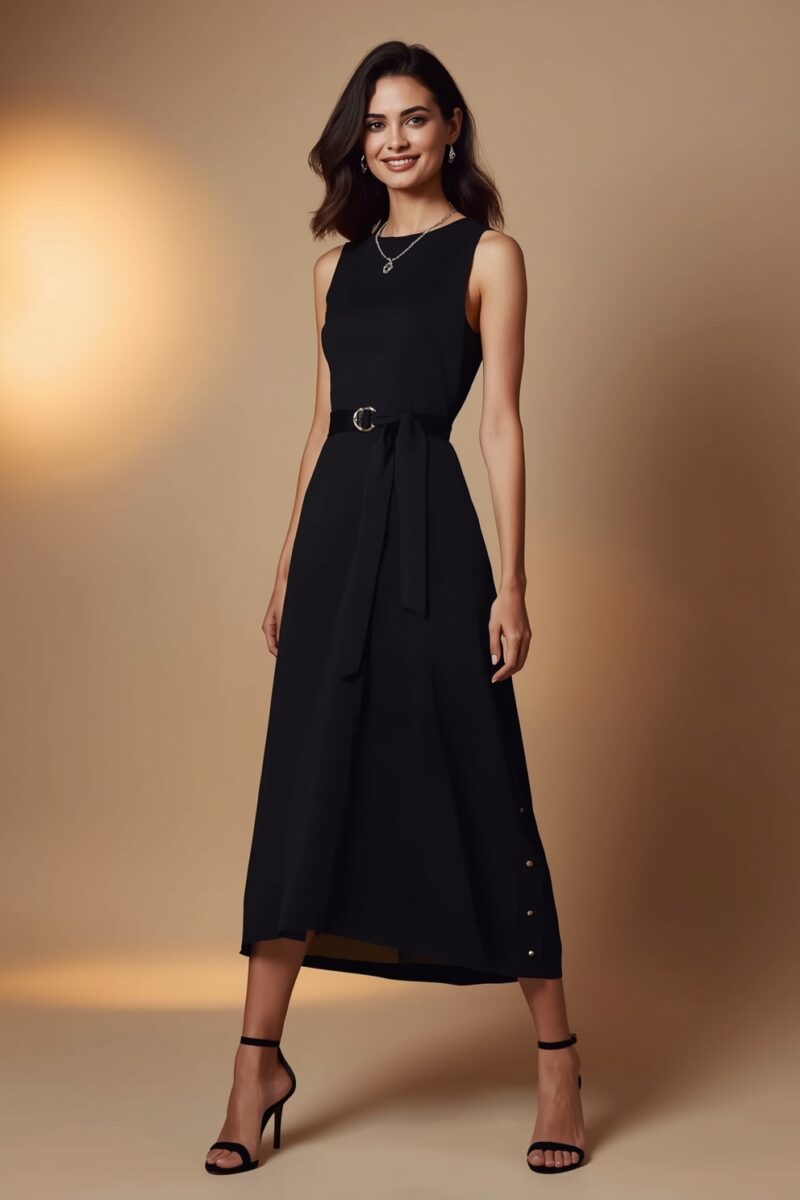 Woman wearing a black sleeveless midi dress with belt, styled with black strappy heels and silver jewelry