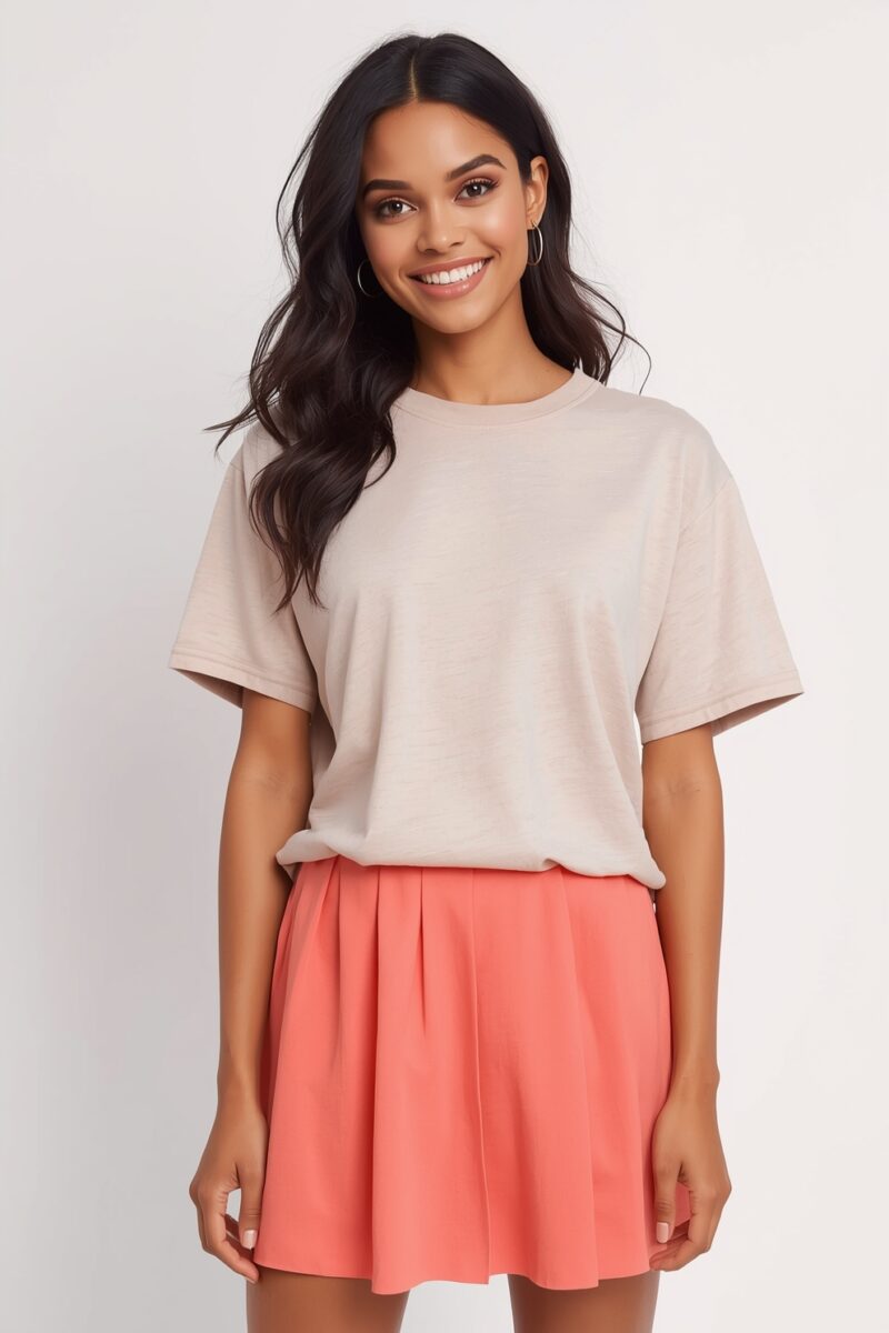 Smiling woman wearing a beige oversized t-shirt paired with a coral pink mini skirt
