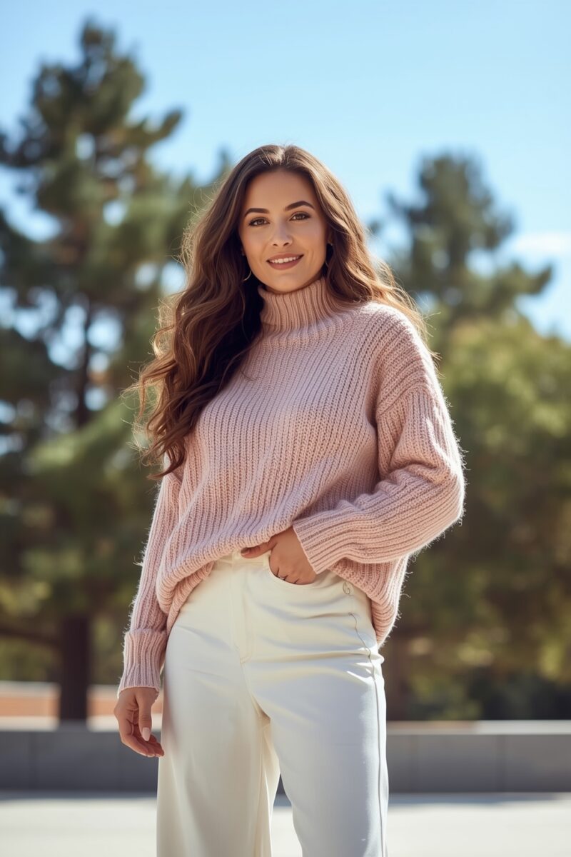 Young woman with long wavy brown hair wearing a pink turtleneck knit sweater and white trousers outdoors