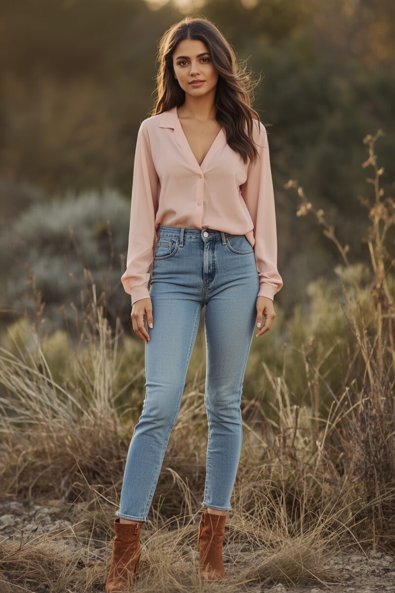 Young woman in pink blouse, high-waist skinny jeans, and brown ankle boots standing in natural outdoor setting