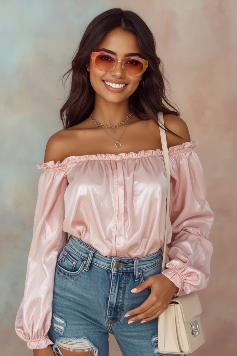 Smiling woman wearing pink satin off-shoulder blouse, ripped jeans, tinted sunglasses, and cream crossbody bag