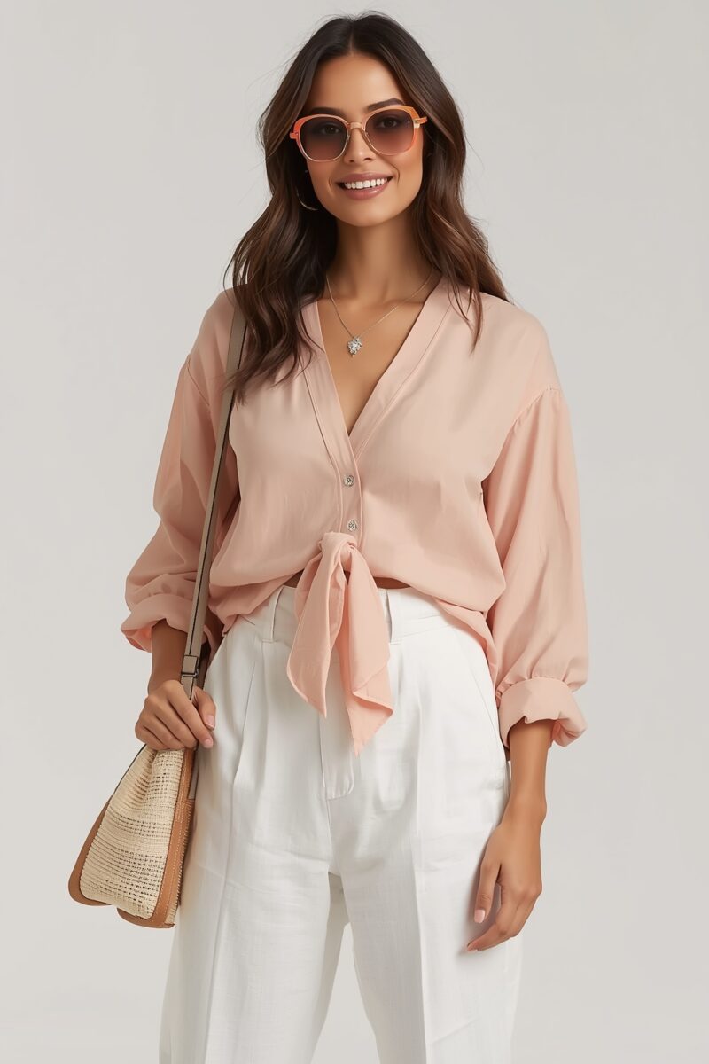 Woman wearing blush pink tie-front blouse with white trousers, peach sunglasses, and woven crossbody bag