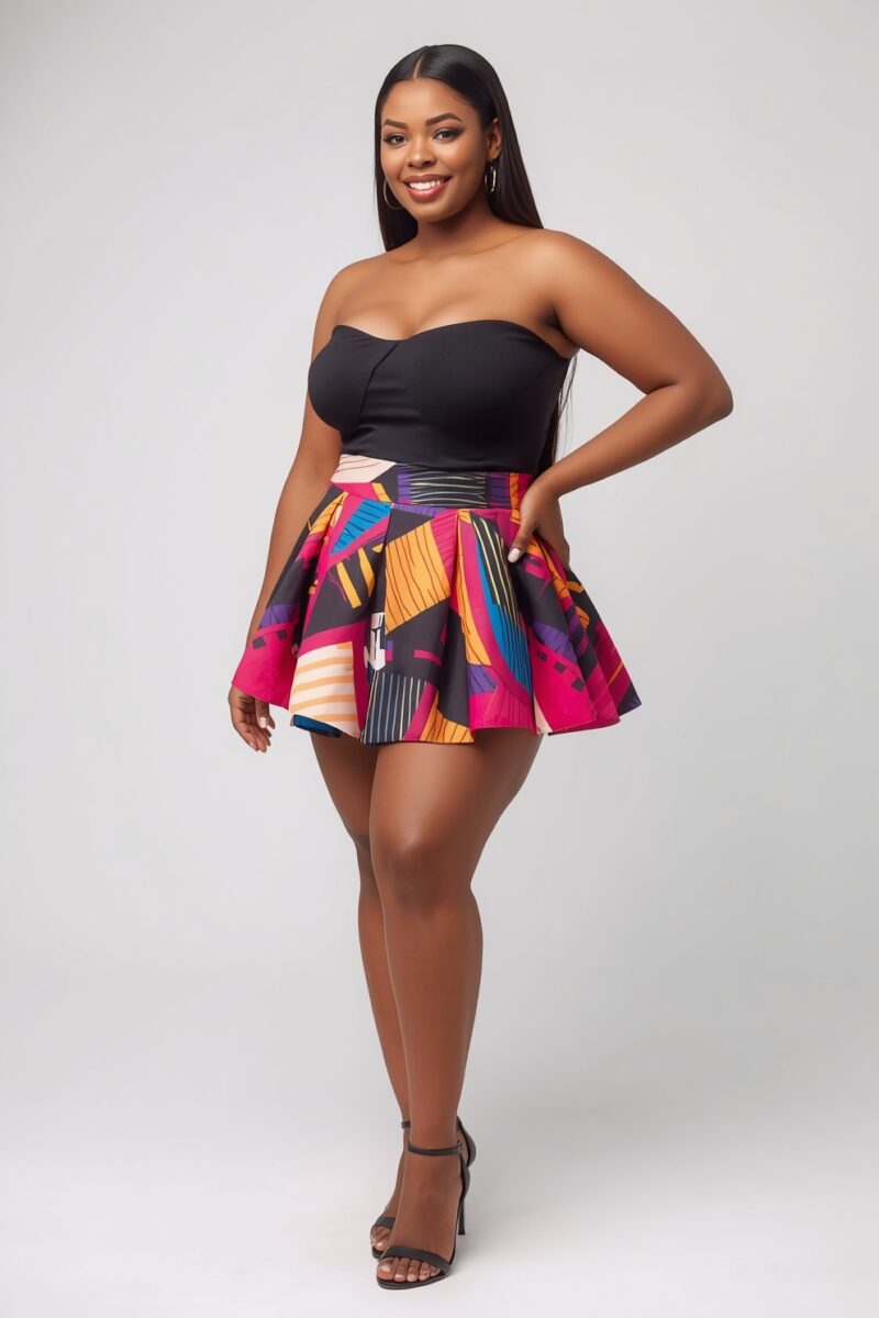 Woman wearing black strapless top with colorful geometric print mini skirt and black strappy heels