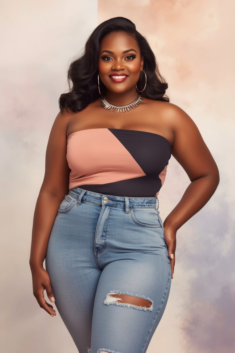 Plus-size woman in pink and black strapless color-block top with ripped blue jeans smiling confidently