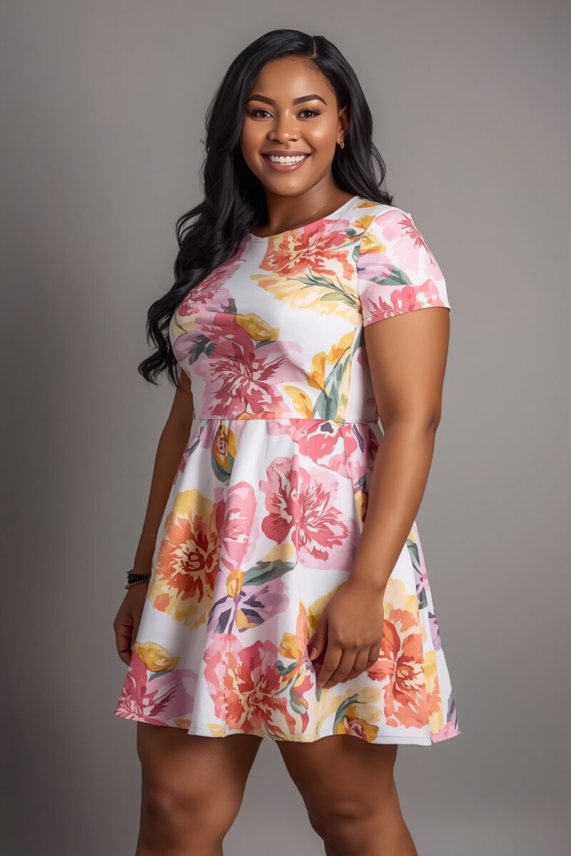 Smiling woman wearing a white floral mini dress with pink, yellow, and orange flowers, short sleeves, and A-line skirt