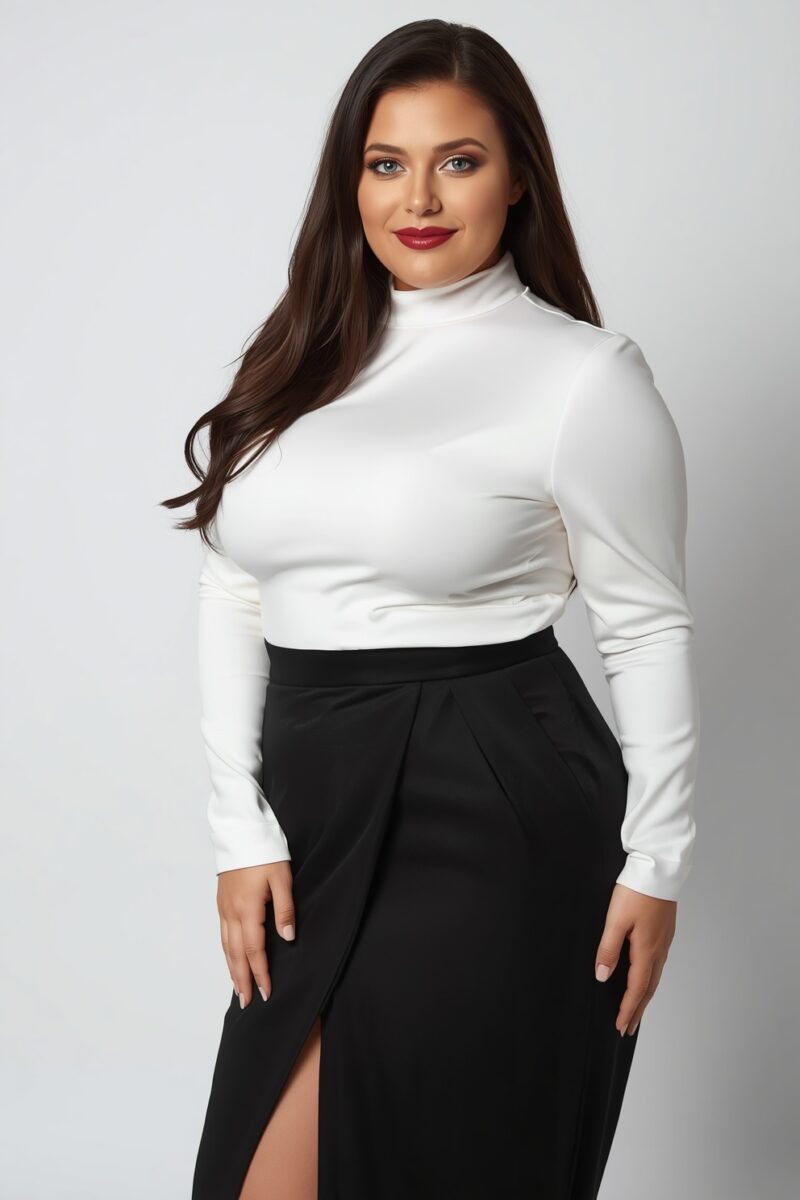 Woman in white turtleneck top and black wrap maxi skirt with side slit against white background