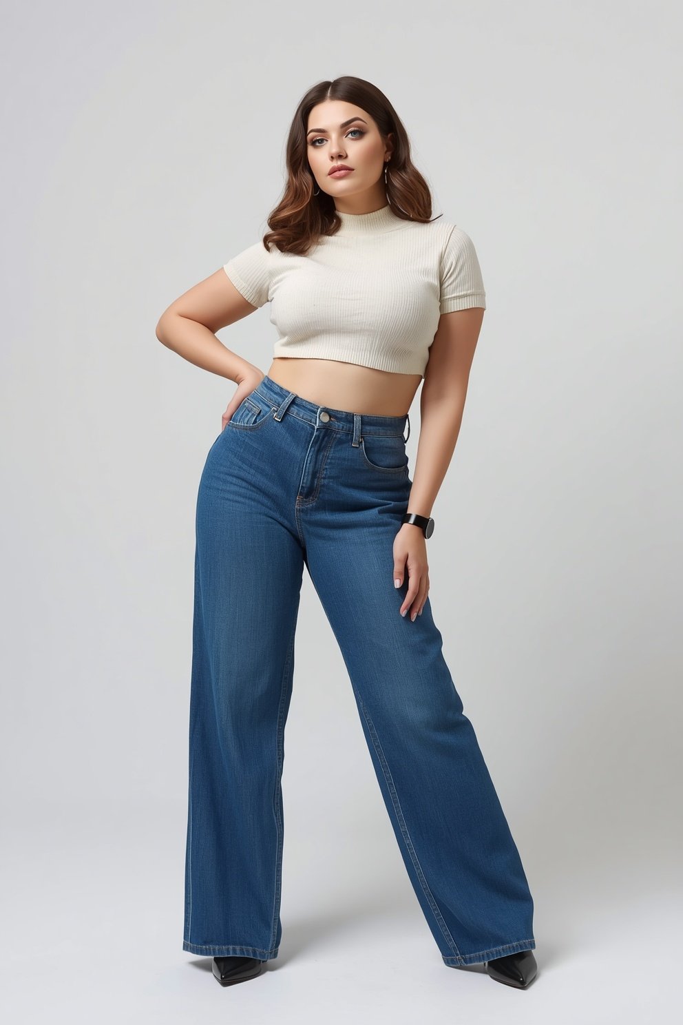Woman wearing cream ribbed mock-neck crop top with high-waisted wide-leg blue jeans and black pointed heels