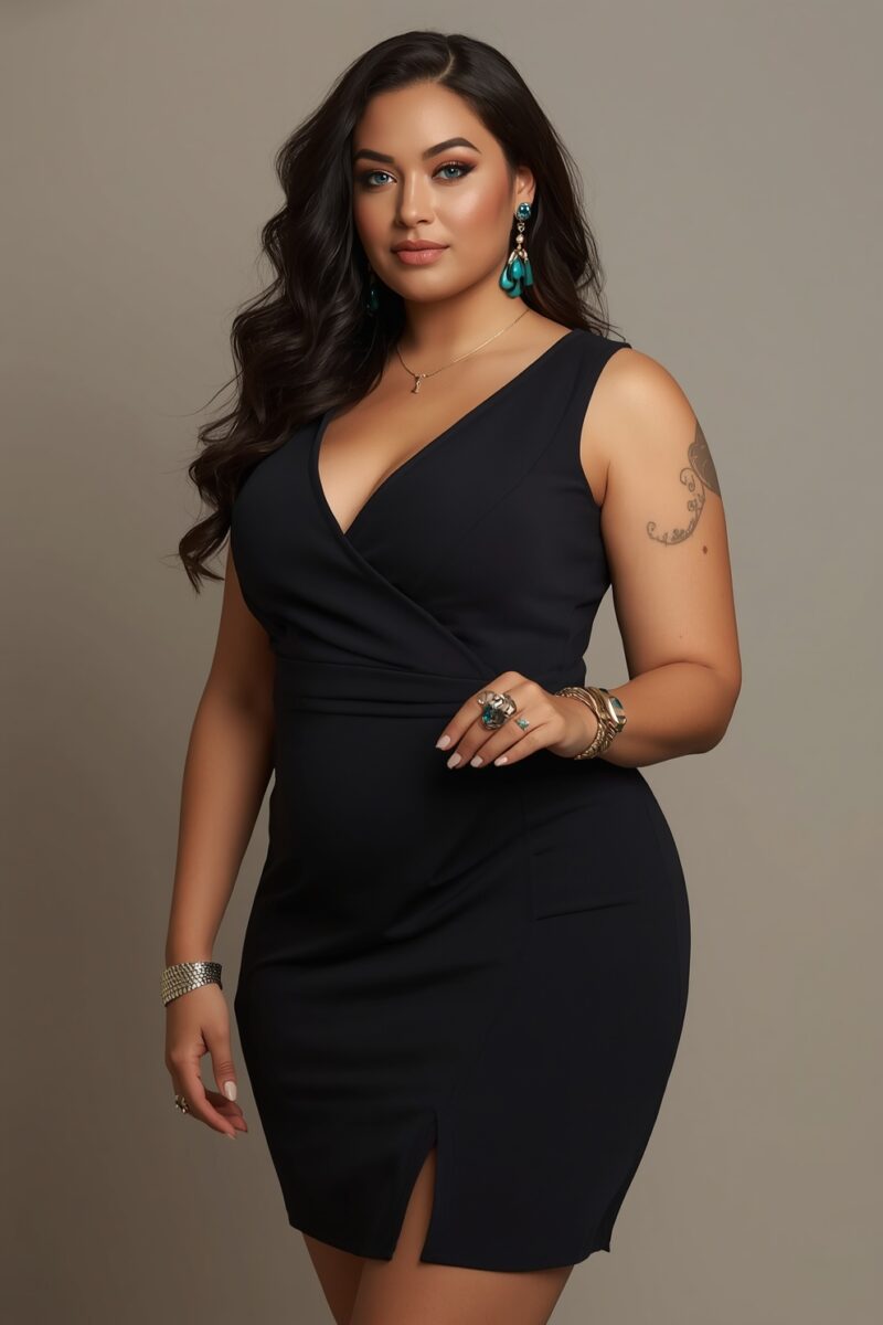 Woman in black sleeveless wrap mini dress with turquoise earrings, gold bangles, and arm tattoo on gray background