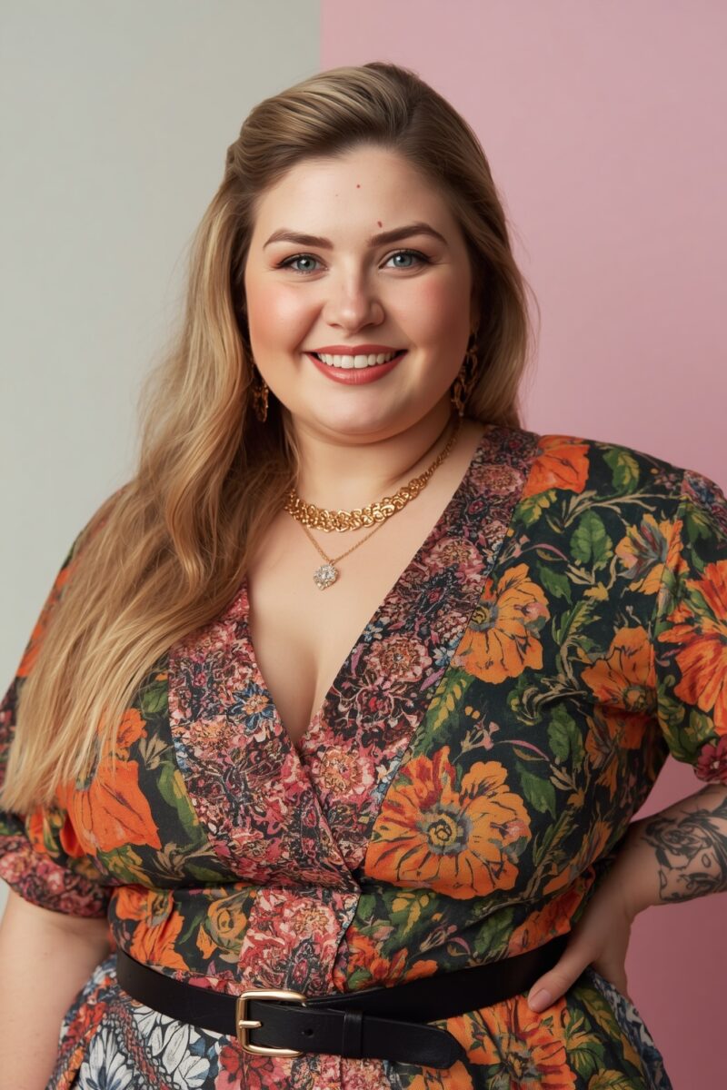 Smiling plus-size woman in colorful floral dress with black belt and layered gold necklaces posing confidently
