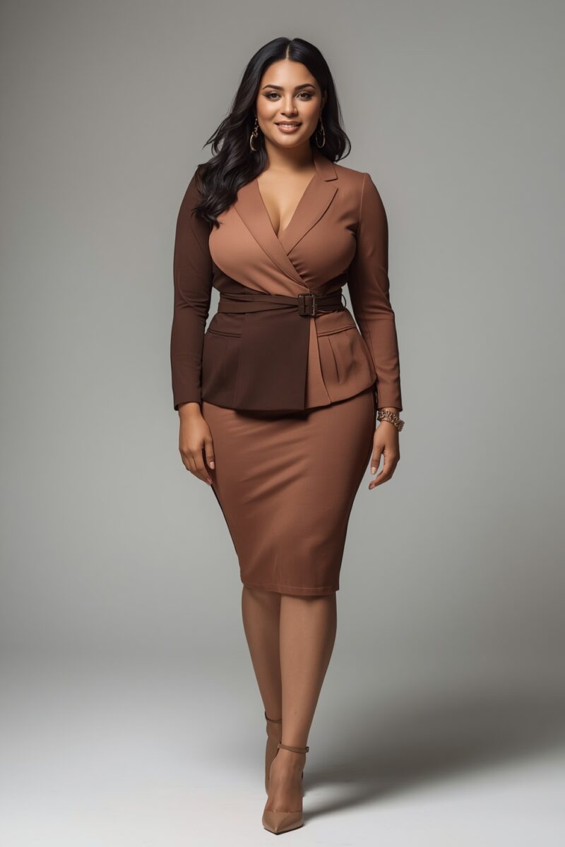 Woman wearing a brown belted peplum blazer and matching pencil skirt with nude heels on gray background