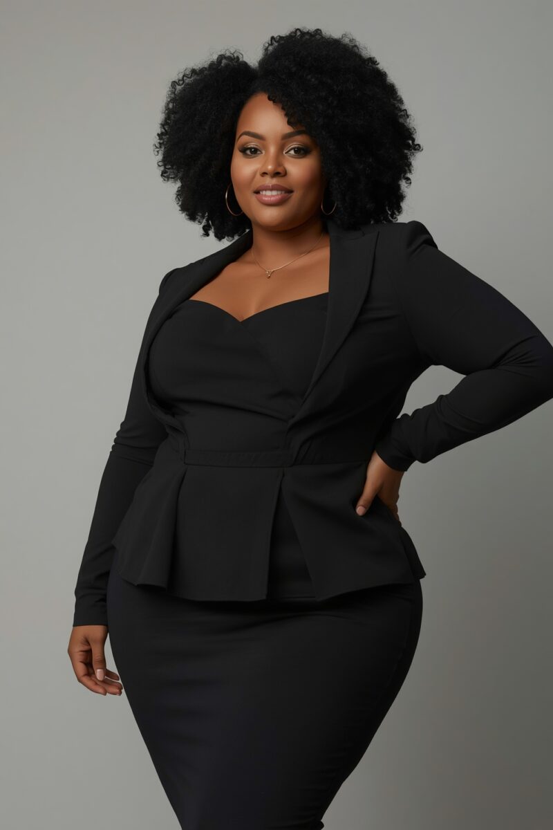 Woman with natural afro hair wearing a black peplum blazer and fitted pencil skirt, posing confidently against a gray background