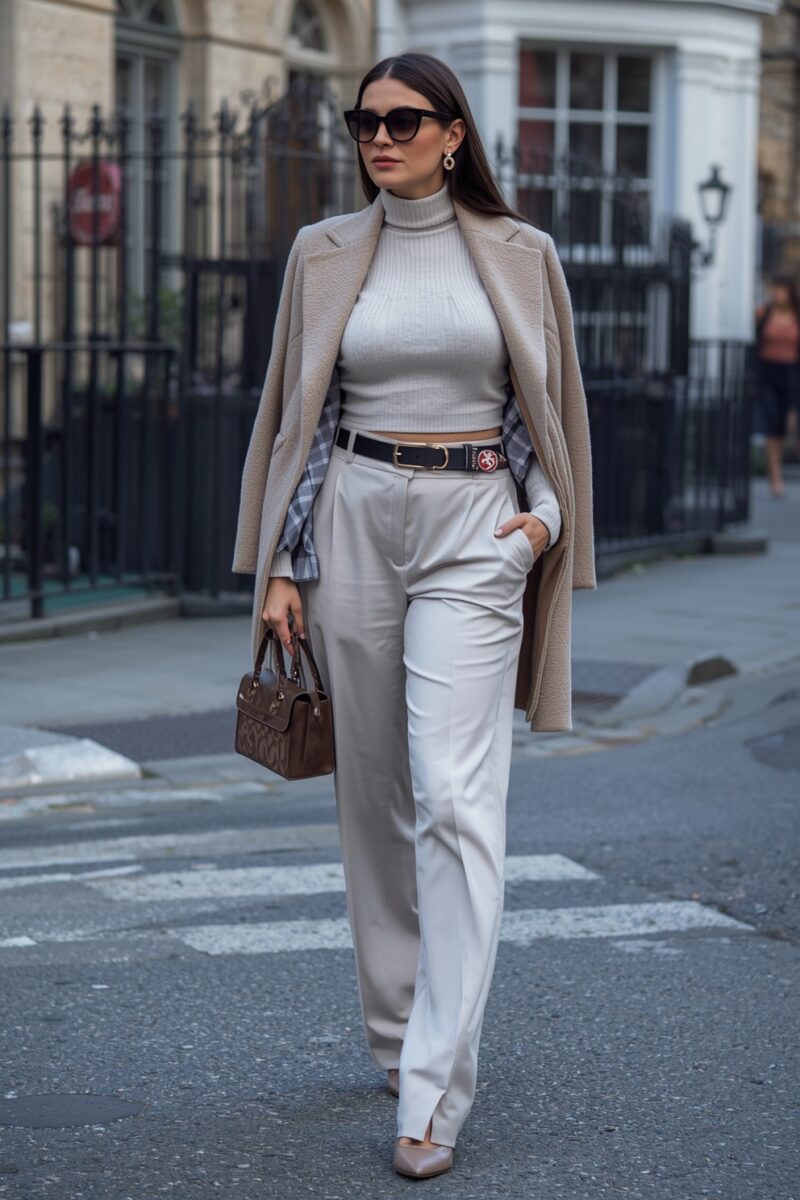 Stylish woman in beige turtleneck crop top, wide-leg cream trousers, camel coat, and designer handbag on city street