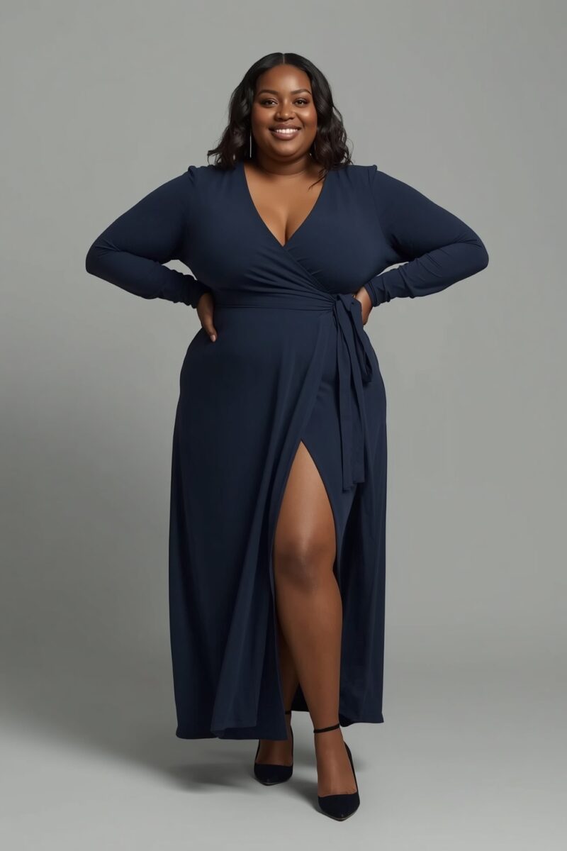 Plus-size woman wearing a navy blue long-sleeve wrap maxi dress with high slit and black heels