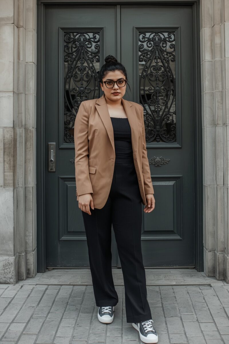 Woman in camel blazer, black trousers, and Converse sneakers standing in front of ornate gray double doors