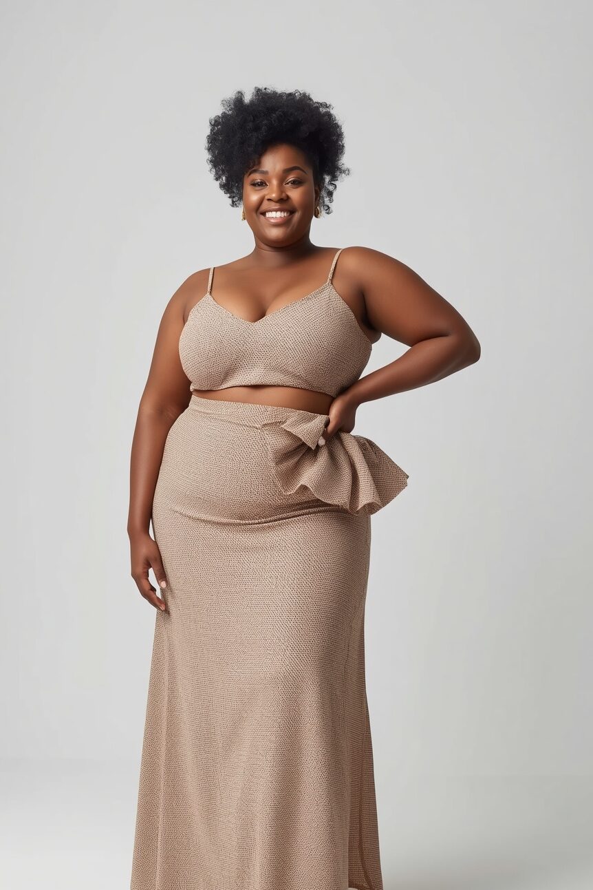 Plus-size woman wearing beige textured two-piece crop top and maxi skirt set with bow waist detail