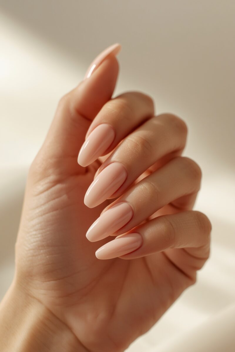 Close-up of a hand with long almond-shaped nails painted in glossy nude peach polish