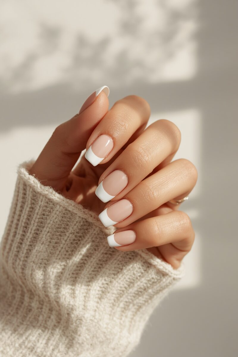 Close-up of a hand with classic French manicure featuring square nails with white tips and nude pink base