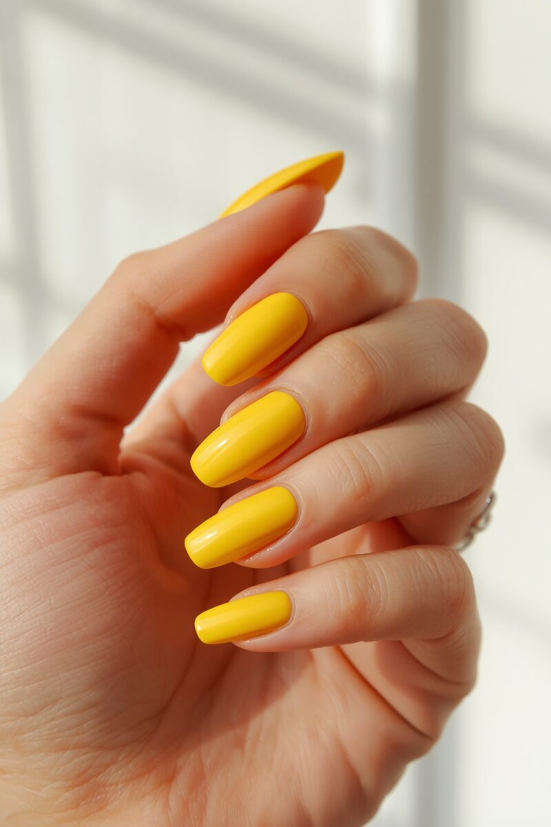 Close-up of a hand with long coffin-shaped nails painted in glossy bright yellow nail polish