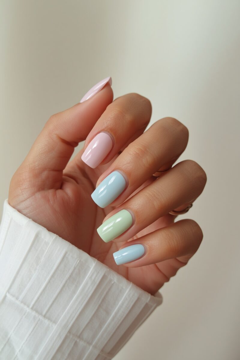 Hand with square-shaped nails painted in pastel colors: pink, baby blue, mint green, and light blue